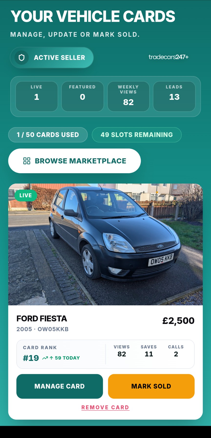 tradecars247 app — seller dashboard managing vehicle cards